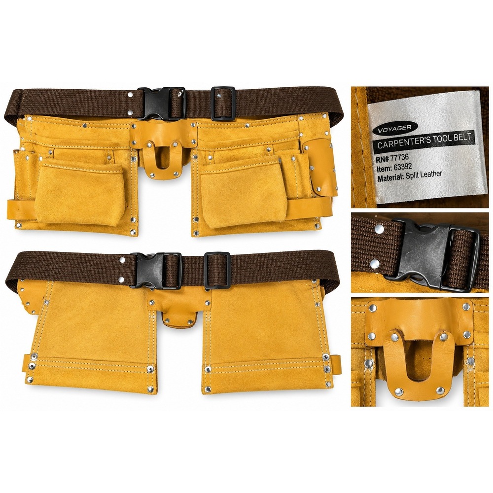 Voyager 63392 Carpenter Tool Belt 10 Pocket Split Leather Adjustable Tan Brown